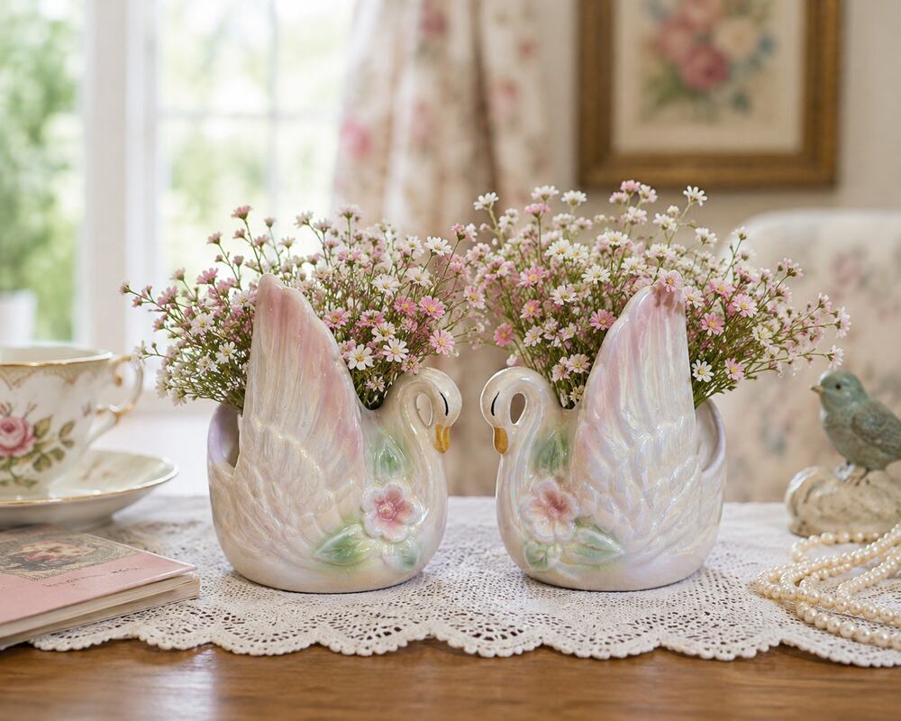 Vintage Pair Pink Lusterware Swan Planters Japanese Ceramic Floral Vases